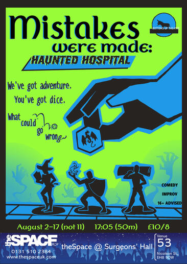 Mistakes Were Made: Haunted Hospital, Bottoms Up Theatre, August 2024. Illustration, lettering, and design.