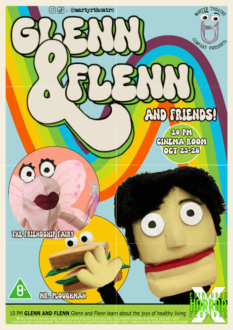Glenn and Flenn, poster, 2025. Puppet comedy. Photography, lettering, design.